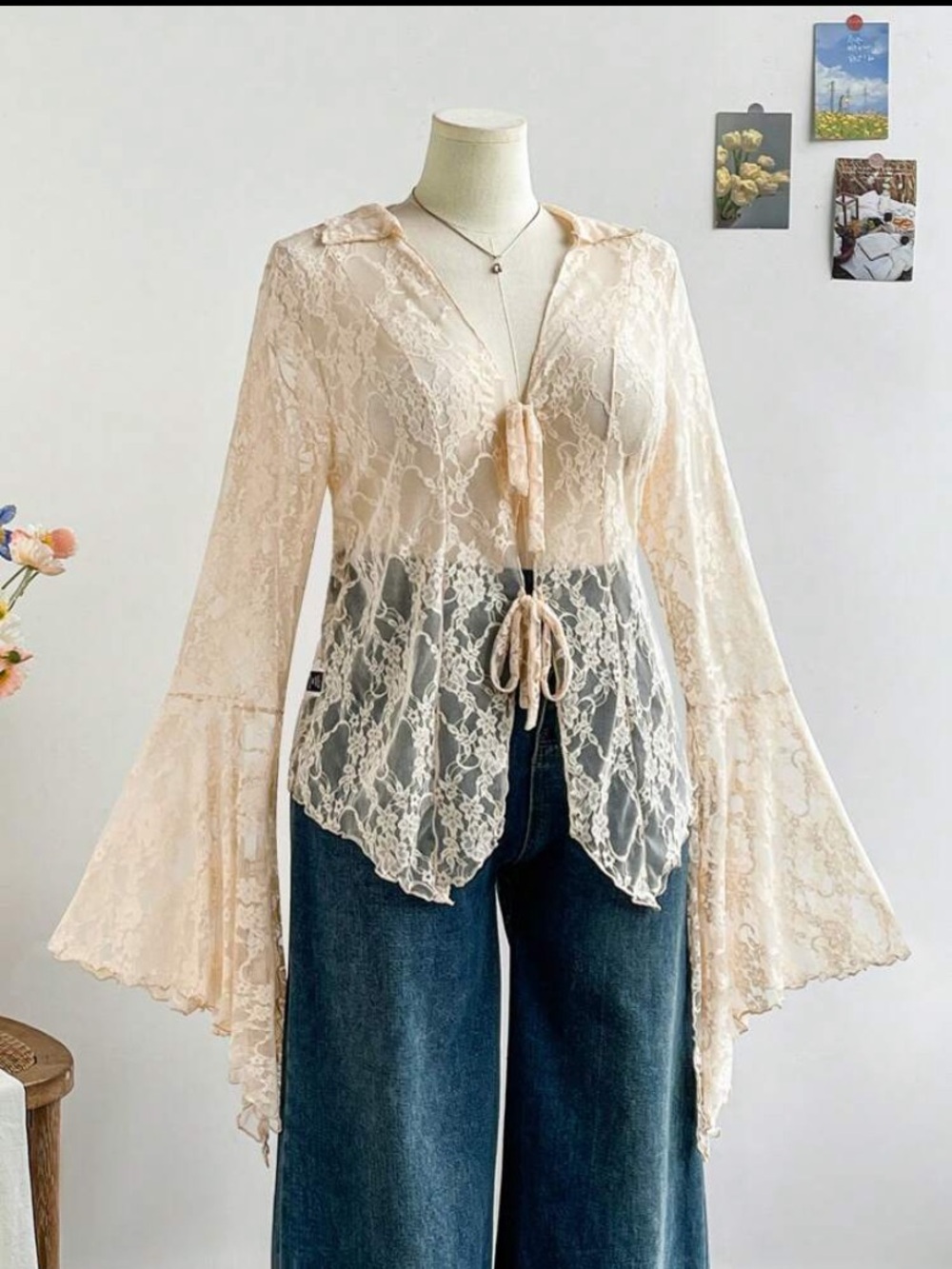 Sheer Lace Tie-Front Blouse in Soft ivory - Picture 5 of 7